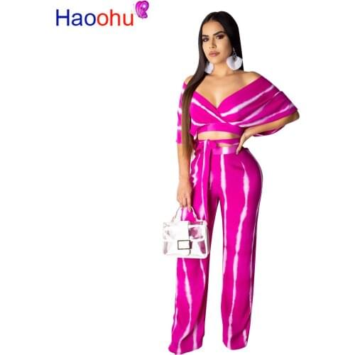 Tie Dye Print Sexy Two Piece Tracksuit Female Clothes Deep V Neck Short Sleeve Crop Top And Wide Leg Long Pant Plus Size Outfit