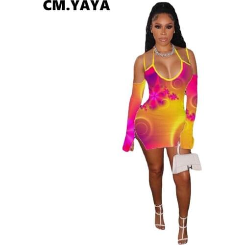 CM.YAYA Women Mini Dress Print Strap Full Sleeve Bodycon Strechy Dresses Sexy Night Club Party Vestidos Summer Outfits Fashion