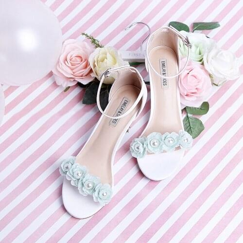 6cm Cross Strap Open Toe Summer Womens Sandals Light Green Flower Pearl High Heels Straight-Line Buckle Wrist Strap Bridesmaid