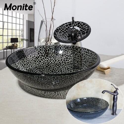 Black Mark Round Art Bathroom Washbasin Tempered Glass Vessel Sink With Oil Rubbed Bronze Brass Basin Faucet Set Mixer Tap