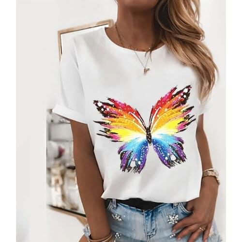 Color Butterfly Print Funny Women T-shirt Harajuku Short Sleeve Tee Shirt Femme Casual Round Neck Tee for Woman Shirt Summer Top