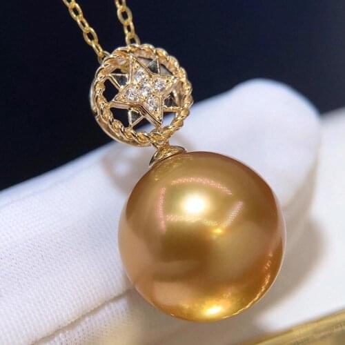 D902 Pearl Pendant Fine Jewelry Solid 18K Gold Round 12-13mm Nature Sea Water Golden Pearls Pendants Necklaces for Women Present
