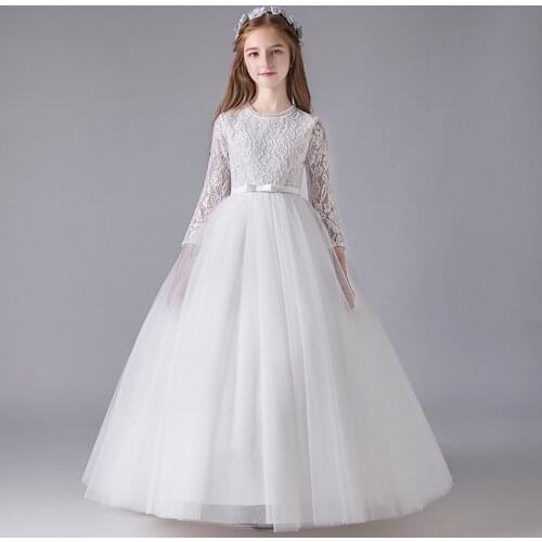 Flower Girl Dresses Illusion Three Quarter Embroidery Pearls Pleat Princess Lace O-Neck Floor-Length Tulle Kids Party Gown H136