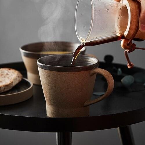 Japanese-Style Coarse Pottery Mug Retro Breakfast Cup Oatmeal Cup Household Ceramic Milk Cup with Tray Coffee Cup Saucer Set