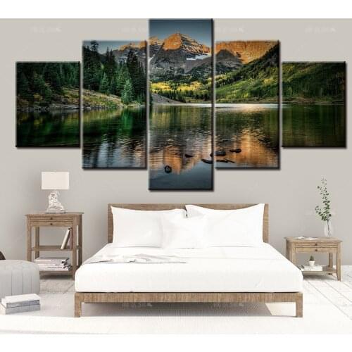 Canvas Painting Home Decor 5 Piece Sunset Mountain Clouds Green forest River Nature Landscape HD Print Posters Wall Art Pictures