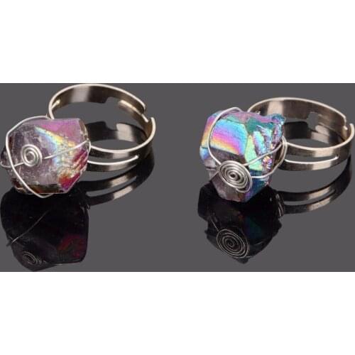 Hand Craft Wire Wrapped Open Cuff Ring Healing Rock Mineral Rainbow Stone Natural Crystal Quartz Rings Party Wedding Rings Women