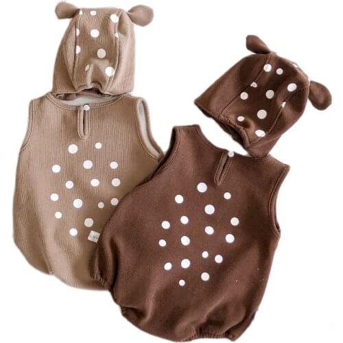 Ins Autumn Winter Velvet Newborn Romper Korean Baby Clothes Sleevless Warm Corduroy Waistcoat Baby One Piece Jumpsuit With Hat 1