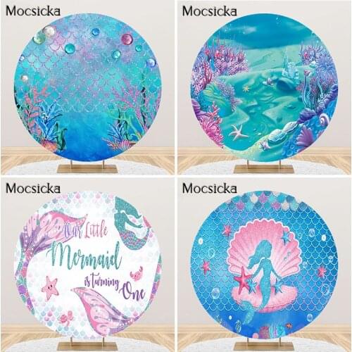 Mocsicka Under The Sea Backdrop Mermaid Princess Girls Birthday Party Baby Shower Background Photocall Round Circle Cover Fabric