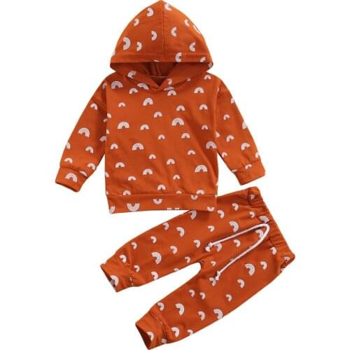 2021 0-3Y Casual Toddler Girl Boy Clothing Set Rainbow Print Long Sleeve Hooded Sweatshirt+Pants Spring Fall Cotton 2pcs
