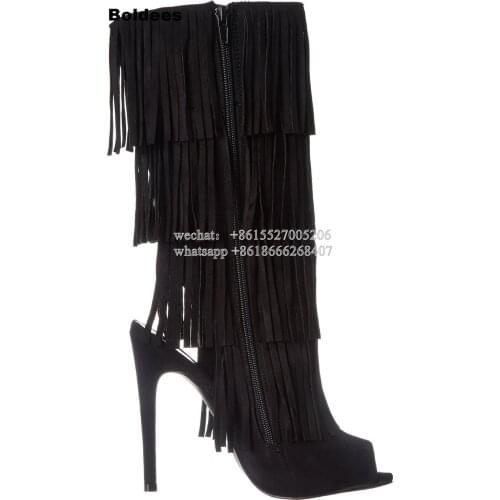 Fashion Black Tassel Designer Black Suede Leather High Heel Boots Women Autunm Spring Open Toe Thin High Heels
