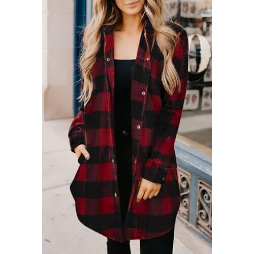 2021 new lapel European and American plaid shirt womens mid-length long-sleeved womens jacket plaid shirt