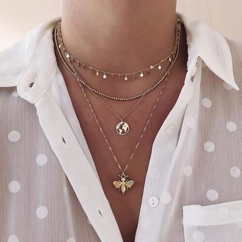 4 Pcs/Set Bohemian Vintage Gold Color Bee Map Pendant Necklace Set Multilayer Sequins Clavicle Choker Necklace Jewelry Gifts