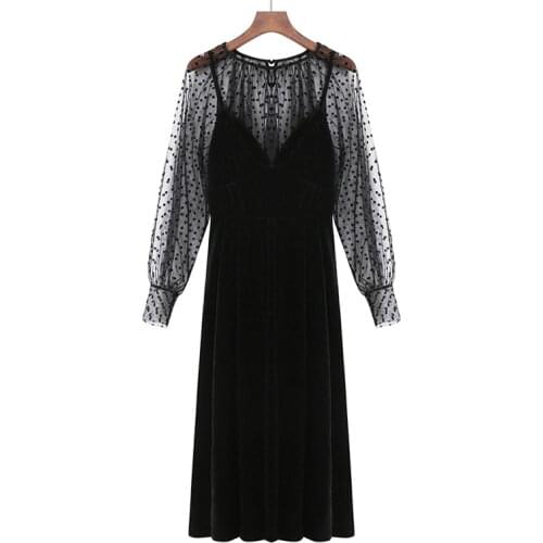 PERHAPS U Women Two-piece Set Black Khaki Mesh Polka Dot O Neck Long Sleeve Shirt Solid Velvet V-neck Strap Midi Dress T0321