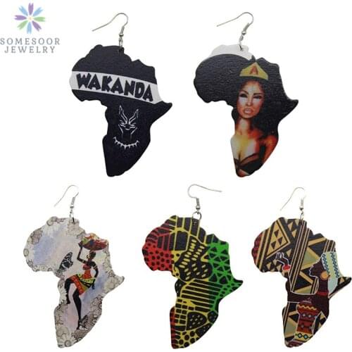 SOMESOOR Carved African Map Tribal Wood Drop Earrings Afrocentric Ethnic Black Queen WADANDA Pattern Women Pendant Ear Jewelry