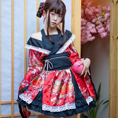 Traditional Japanese Kimono Dress for Women Lolita Anime Cosplay Costume Sakura Yukata Tutu Kawaii Girl Haori Outfit Drop Ship