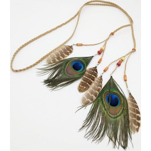 Bohemian Style Indian Feather Headband Headdress Hair Rope Headwear Tribal Hippie Handmade Hair Accessories for Women 48