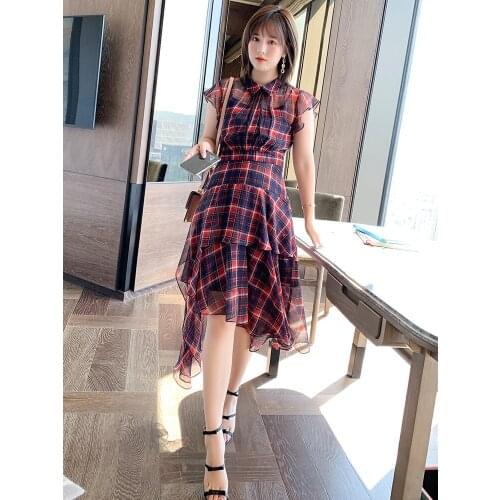 High quality Plaid Lapel with flying sleeves irregular Ruffle Dress