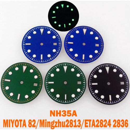 30.4mm Green Lume Watch Dial Fit For NH35/NH35A Miyota 8215 821A ETA 2824 2836 DG 2813 Movement Date Window Silver/Gold Index