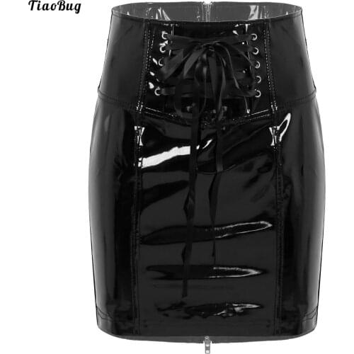 TiaoBug Women Wet Look Patent Leather Lace-Up Skirt High Waist Zipper Back Slim Fit Pencil Skirts Party Clubwear