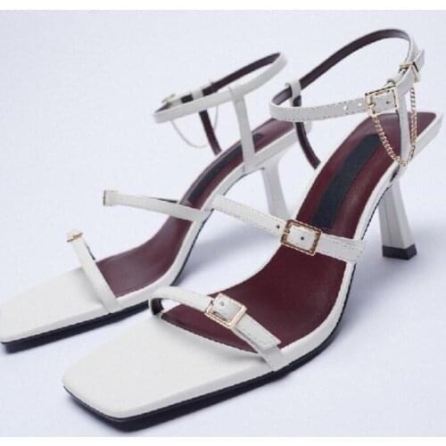 ZAR 2021 Summer New Beige One Word With Fashion Square Toe High Heels Sexy Buckle Chain Muller Sandals And Slippers Women