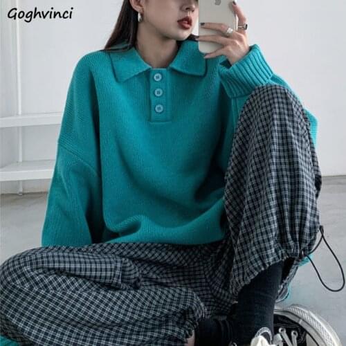 Women Sets Turn-down Collar Solid Knit Sweater Pullover Plaid Casual Pant Loose Chic Teens Harajuku Korean Style All-match Retro