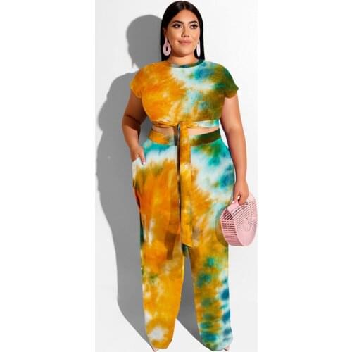 Tie Dyeing Printed Bandage Fashion Casual Suit for Women XL-5XL Plus Size Two Piece Set Crop Top+high Waist Wide Leg Long Pants