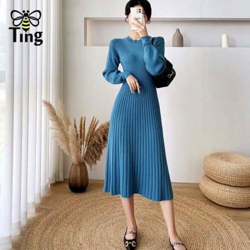 Tingfly Vintage Elegant Kniting Winter Autumn Street Casual Knitwear Dress Women Retro Hit Color France Chic A Line Dress Zaful