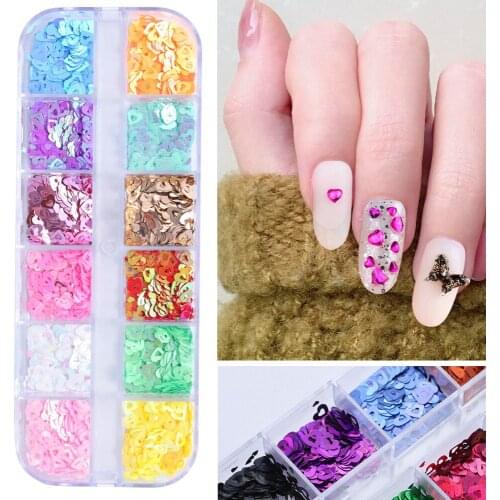 12 Grids 3D Nail Sequins Hollow Love Heart-Shape Nails Art Shiny Decoration Art Design Holographic Laser Colorful Glitter Flakes