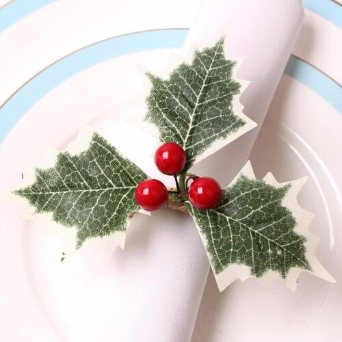 6pcs Christmas simulation red fruit plus Christmas green leaves Christmas tree flower napkin buckle tree branch napkin ring