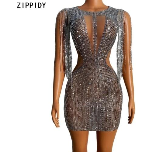 Glisten Silver Rhinestone Fringe Transparent Dress Dance Evening Outfit Birthday Celebrate Chain Shoulder Short Dress