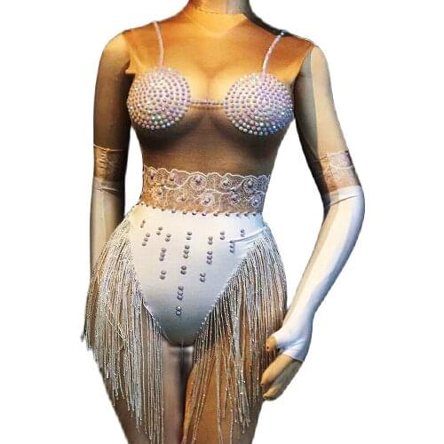 Shining Rhinestones Women Bodysuits White Gloves Nightclub Bar Prom Party Birthday Celebrate Outfit DJ Singer Dance Stage Wear