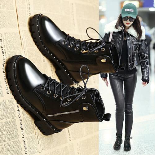 Ankle Boots for Women 2020 Autumn Motorcycle Boots Thick Heel Platform Shoes Woman Slip on Round Toe Fashion Martin Boots
