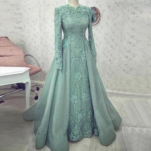 Elegant Lace Appliques Muslim Prom Dress 2021 Long Sleeve Saudi Arabic Islamic Evening Formal Party Ball Gowns