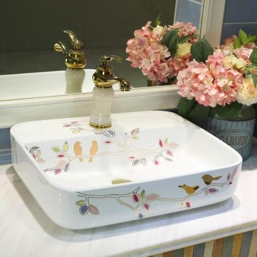 Europe style chinese washbasin sink Jingdezhen Art Counter Top ceramic bathroom sink wash basin rectangular bird leaf pattern