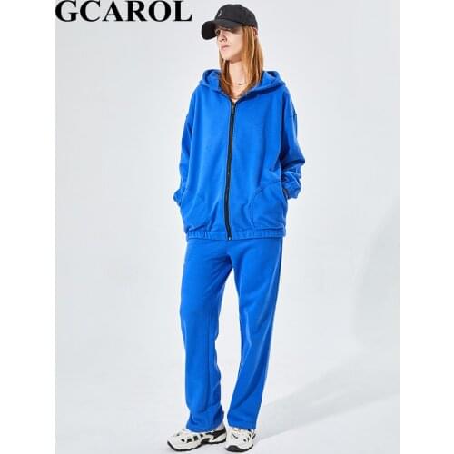 GCAROL Fall Winter Women Zip UP Long Hooded 80% Cotton Fleece Drop Shoulder Boyfriend Sports Coats Elastic Waist Wide Leg Pants