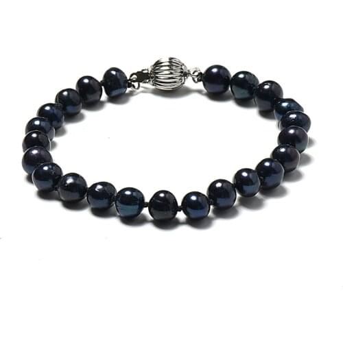 Smooth 7-8mm Black Natural Pearls For Handmade Bracelet 7.5inch Fit jewelry Gifts Wholesale H496