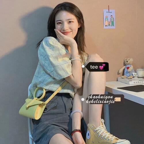 Girls two-piece suit female summer dress 2021 new retro plaid short sleeve + short Pants Suit