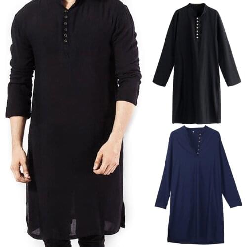 Men Muslim Shirt Long Sleeve Buttons Stand Collar Blouse Solid Color Side Split Arabic Robe Knee Length Islamic Loose Tunic Tops