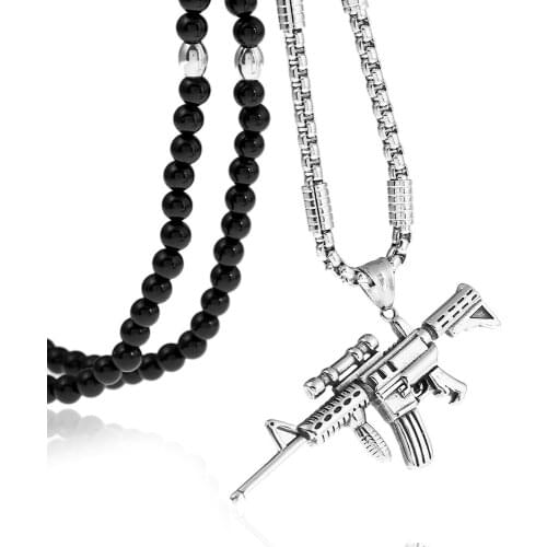 Mens Punk Stainless Steel Machine Gun Pattern Pendant Necklace with Black Natural Stone Chain 26"