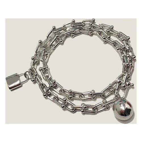 Top Quality Brand Design Titanium U Shape Thick Chain Link Bracelet Charm Ball And Lock Pendant Bracelet For Men Women