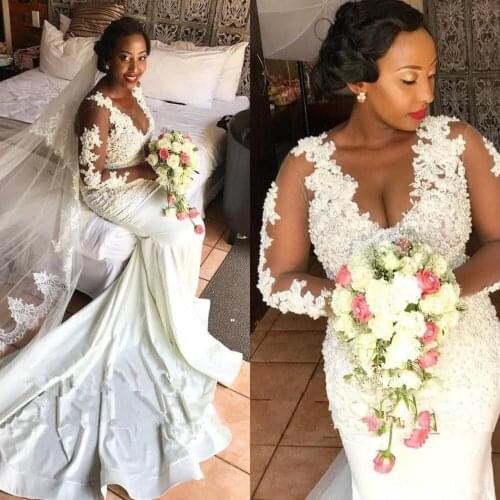 African Jewel V Neck Mermaid Wedding Dresses With Long Sleeves Lace Appliques Soft Satin Trumpet Bridal Gowns Custom Made 2021
