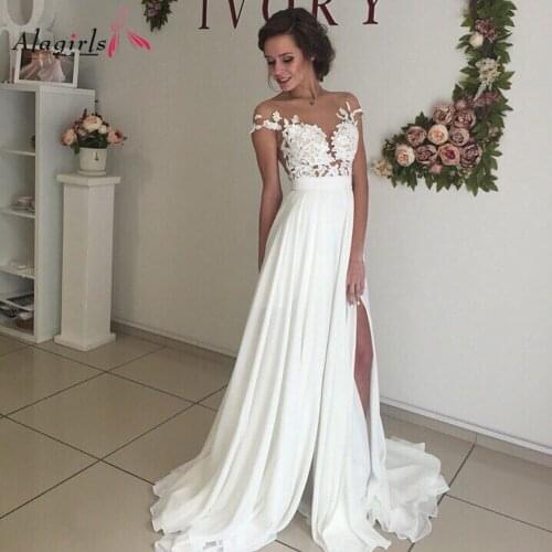 Appliques Illusion sexy long dress wedding 2020 Simple cap side slit chiffon gown Elegant sweep train robes de soirée