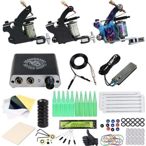 Beginner Complete Tattoo Kit 2 Machines Gun Set Power Supply Grips Body Art Tools Set Permanent Makeup Tattoo set