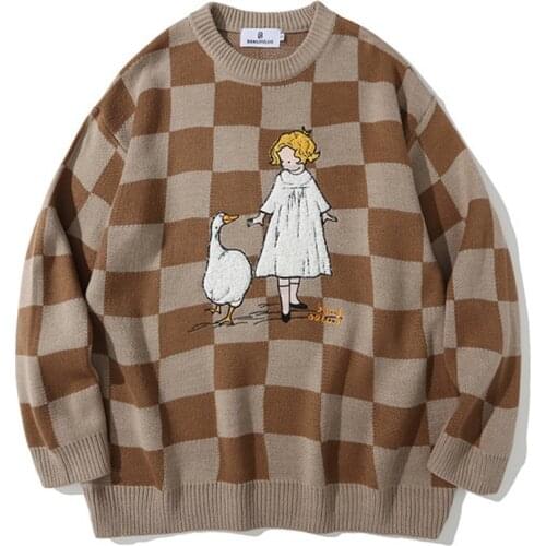 Couple Cartoon Print Sweater Japanese Knitting Pullovers Round Neck Loose Casual Lazy Autumn Winter Knitted Pullover Sweater