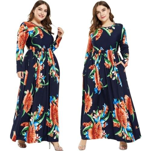 Plus Size Muslim Women Loose Printed Floral Long Sleeve Maxi Dress Abaya Kaftan Jilbab Cocktail Party Casual Islamic Robe Gown