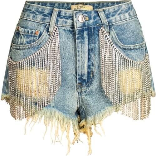 Sexy Denim Shorts Women 2021 Womens Shorts Sexy Tassel Raised Hip Wide Leg A Diamond Chain Denim Shorts Women