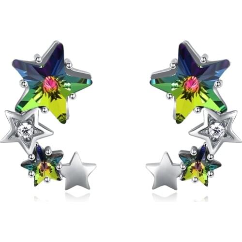 Women 925 Sterling Silver Stud Earrings Crystals from Swarovski CZ Stars Drop Pendant Earrings for Lady Girl Love Jewelry Gift