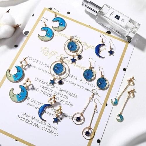 High Quality Handmade Japan Korean Small Blue Stars Moon Earrings Space Planet Geometry Round Hook Long Earrings For Women girls