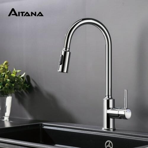 Modern brass Chrome Kitchen Faucet Dual function nozzle pull-out tap wash basin sink hot and cold water mixing tap