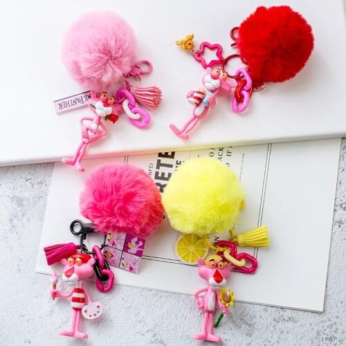 Cute Cartoon Pink Panther Keychain 4 Styles PVC Pompom Key Chain for Women Bag Charm Key Ring Pendant Gifts Jewelry Wholesale
